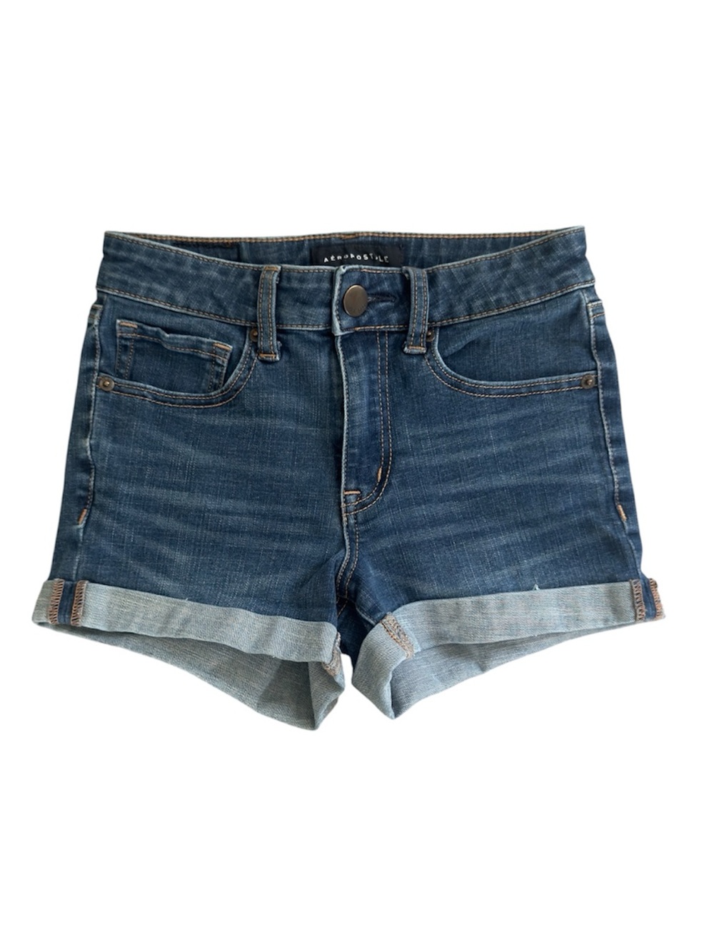 Aeropostale High Rise Midi Denim Shorts Cuffed Blue Size 0